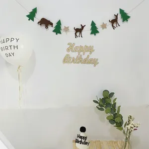 Forest theme birthday party decoration set with felt animal banner and wooden sign.