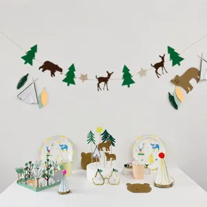 Woodland party decoration set, forest animal bear deer banner paper plates cups for birthday.