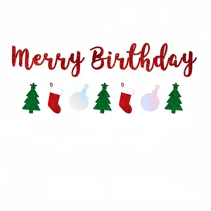 Christmas birthday party decoration banner glitter red letters trees and stockings