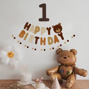 Retro Brown Bear Birthday Party Banner Pom Pom Garland Baby First Birthday Background Wall Decoration Kids Room Hanging Decor