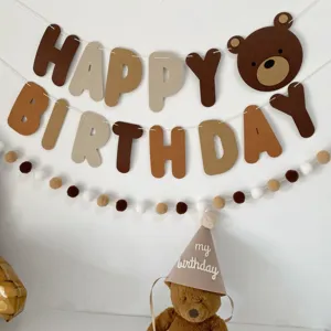 Retro brown bear birthday banner garland set for baby party wall decoration supplies