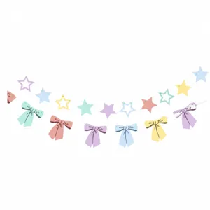 Macaron bow and star happy birthday paper garland for kids party room wall hanging decoration.