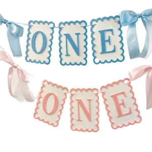 Kids 1st Birthday ONE Banner Decoration Felt Party Supplies Blue Pink Bow High Chair Banner