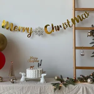 Christmas gold letter banner snowflake pull flag holiday party hanging decoration props.