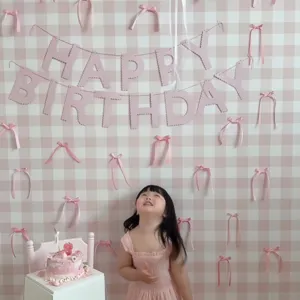 Pink bow birthday banner set background party decoration kids birthday cute pink party supplies