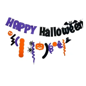 Halloween party decoration banner set with letters and hanging ornaments for holiday layout.