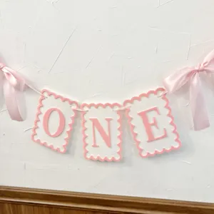Kids birthday high chair banner pink bow ONE party hanging decoration background props