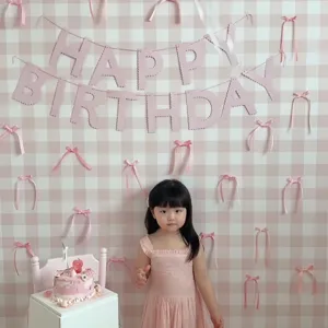 Pink bow birthday party banner backdrop decoration set with cute happy birthday letters for kids.
