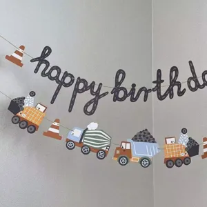 Construction vehicle theme happy birthday banner for kids party decoration background.