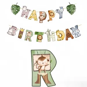 Cute watercolor jungle animal birthday banner, paper party hanging decorations for kids.