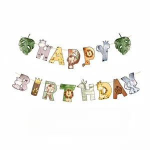 Kids birthday party paper banner with cute animal alphabet, perfect for celebration decor.