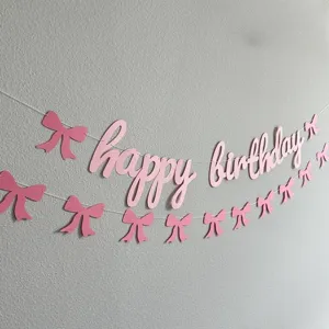 Pink bow happy birthday banner for baby first birthday party decoration, paper bunting.