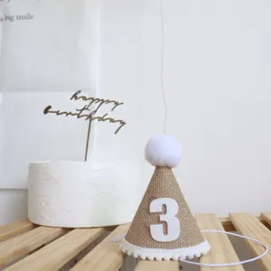 Nordic Minimalist Linen Birthday Hat Baby Birthday Party Celebration Decoration Adjustable Crown Pom Pom Hair Accessory