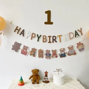 Brown card bear birthday party decorative banner set for baby anniversary background setup.