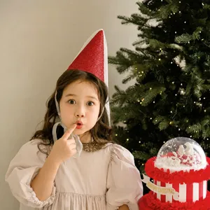 Kids glitter cone birthday hat with white veil holiday party dress up photo props cute design