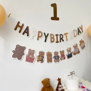 INS style brown bear birthday party banner decoration set with letter cards for baby anniversary.