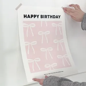 Pink birthday poster with bow pattern, cute ins style wall decoration for kids party background.