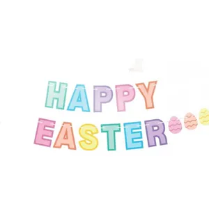 Banner in carta per festa di Pasqua con uova carine e lettere colorate Happy Easter per eventi.