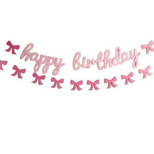 Pink birthday banner with cute bows, happy birthday letter garland for party decor.