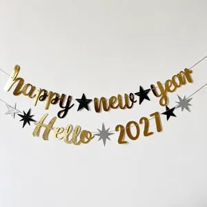New Year Party Banner Happy New Year Letter Garland Glitter Paper Hanging Bunting Flag For Party Background Decoration