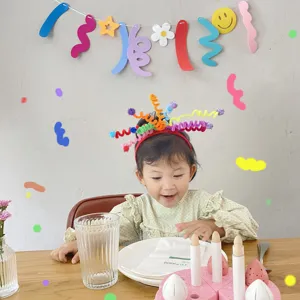 Children birthday party decoration set cute colorful pipe cleaner headband and wall garland