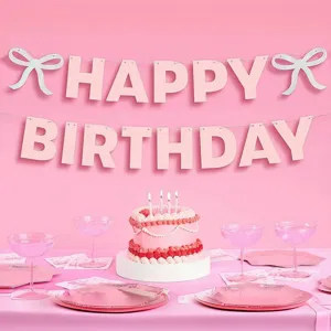 Pink Happy Birthday Glitter Paper Banner Garland With Bow Party Decoration Supplies For Birthday Celebration