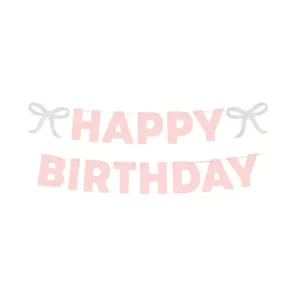 Pink glittery happy birthday letter banner with cute bows for kids party decoration
