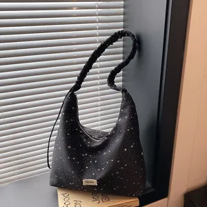 Black starry print tote bag, casual lazy style large capacity shoulder bag for women main view.
