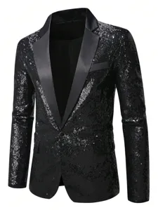 Veste de costume pour homme noire à paillettes revers en satin brillant pour fête et spectacle