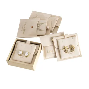 Beige Samt Schmuckaufbewahrung Beutel Mikrofaser Druckknopf Taschen Ring Geschenkbox Set