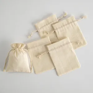 Beige cotton linen drawstring pouches small jewelry storage bags gift packaging set