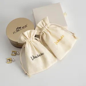 Slub cotton drawstring pouch jewelry packaging bag detail showing soft texture and design.