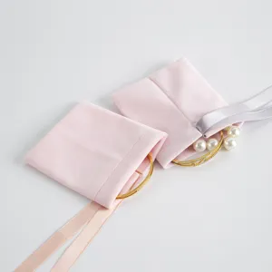 Rosa Samt Schmuckbeutel mit Schleife Kordelzug, elegante Geschenktüte Aufbewahrung.