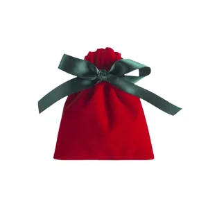 Roter Samt Schmuckbeutel mit dunkelgrüner Schleife, eleganter kleiner Kordelzug Aufbewahrungsbeutel.