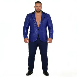 Giacca blazer con paillettes blu scintillanti da uomo dettaglio, elegante abbigliamento