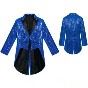 Blue sequin tailcoat detail view, showing shiny fabric, black lapel, and elegant back cut.