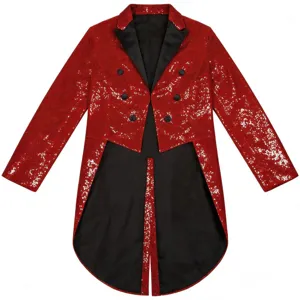 Close-up view of the sparkling red sequin fabric and black satin lapel details on the men's tailcoat.