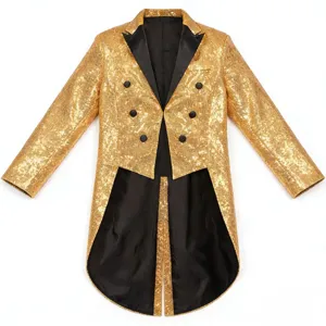 Men gold sequin tailcoat detail view, shiny stage performance tuxedo jacket fabric close-up.
