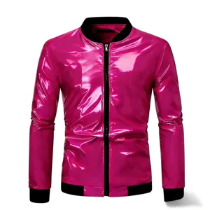 Heren glanzende metallieke roze bomberjack opstaande kraag casual jas met zwarte rits.