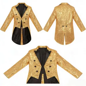 Details of men's gold sequin tailcoat showing front, back, and sparkling fabric texture.