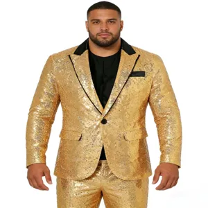 Giacca da uomo scintillante in paillettes oro con risvolto nero, perfetta per feste e discoteche.