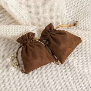 Brauner Samt Schmuckbeutel Kordelzug Geschenktasche Aufbewahrungsbeutel für Accessoires 2Stk