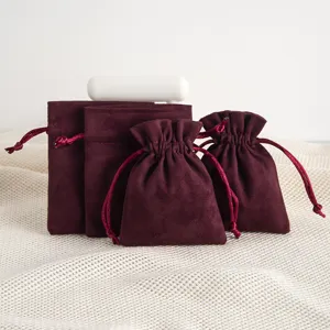 Einfarbig Weinrot Stoff Wildleder Schmuck Geschenk Verpackung Kordelzug Beutel Tasche Minimalistisch Kleine Samtbeutel Für Halskette Aufbewahrung