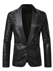 Blazer noir à sequins pour hommes revers en satin costume de scène fête smoking.