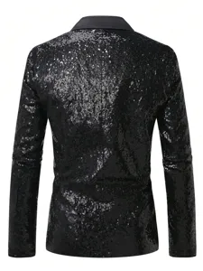 Blazer noir à sequins pour hommes avec revers en satin, idéal pour spectacles et fêtes.
