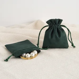 Dark green velvet jewelry pouch drawstring gift bag for pearl bracelets storage display