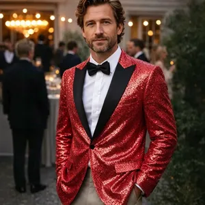 Shiny red sequin men suit jacket tuxedo for stage performance party clubwear hosting
