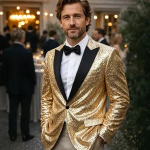 Men gold sequin tuxedo jacket shiny party stage hosting blazer fashion stylish outerwear