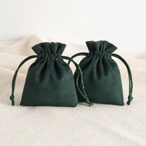 Dark green velvet jewelry pouch drawstring gift bag for small accessories pack of 2