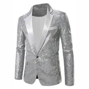 Blazer de costume de performance à paillettes argentées pour hommes de fête.